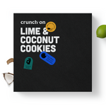 Front view of box of Crunch On Lime & Coconut Cookies, with lime and coconut in the background