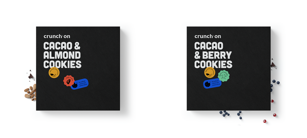 Cacao & Almond cookie box next to Cacao & berry cookie box